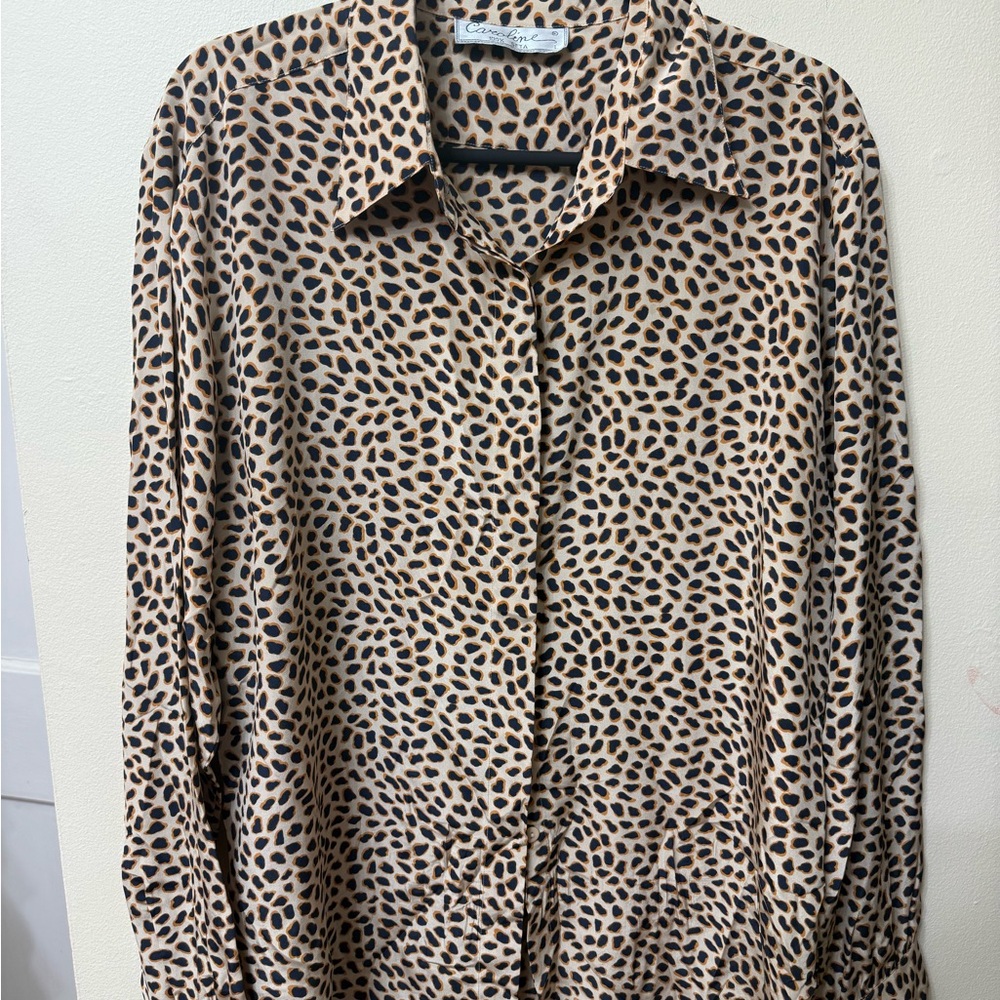 Vintage L 100% Silk Leopard Animal Spot Dot Blouse Mobwife Office 80s 90s Luxury